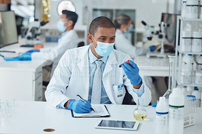 Buy stock photo Science, writing and man with blood work for doctor research and study in clinic. Lab expert, data analysis and healthcare professional with innovation and notes for covid test of dna scientist