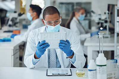 Buy stock photo Man, tablet and face mask in science laboratory for medical virus research, medicine and vaccine development. African scientist, person and technology for DNA healthcare and genetic disease control