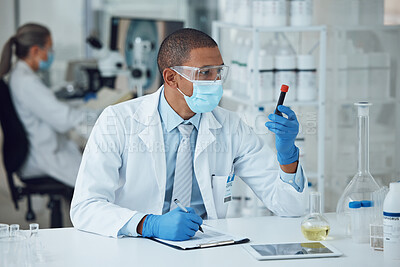 Buy stock photo Science, laboratory and man with blood work for doctor research and study in clinic. Lab, analysis and healthcare professional with innovation and dna investigation for hospital test of scientist