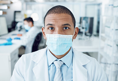 Buy stock photo Portrait, mask and man in a laboratory, research and career with covid protection, medical and safety. Face cover, person and researcher with compliance, lab and scientist with serious professional