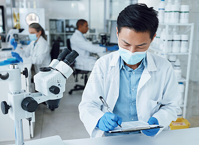 Buy stock photo Laboratory, man and scientist writing clipboard information, healthcare research or medicine development project. Science lab solution, pharma checklist and person work on medical hospital results