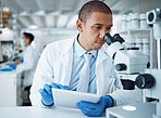 Microscope analysis, man and laboratory scientist working on healthcare research, pharma project or test sample. Science experiment, tablet and person typing results of hospital check, study or exam