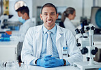 Science portrait, happy man and laboratory scientist working on healthcare research, medical development or project. Science career, job happiness and hospital person work on biotechnology study