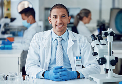 Buy stock photo Science portrait, happy man and laboratory scientist working on healthcare research, medical development or project. Science career, job happiness and hospital person work on biotechnology study