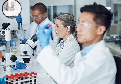 Buy stock photo Exam, blood sample and scientist with research in a laboratory for medical analysis or innovation. Science, medicine development or researcher studying or working on test of DNA or virus in vial tube