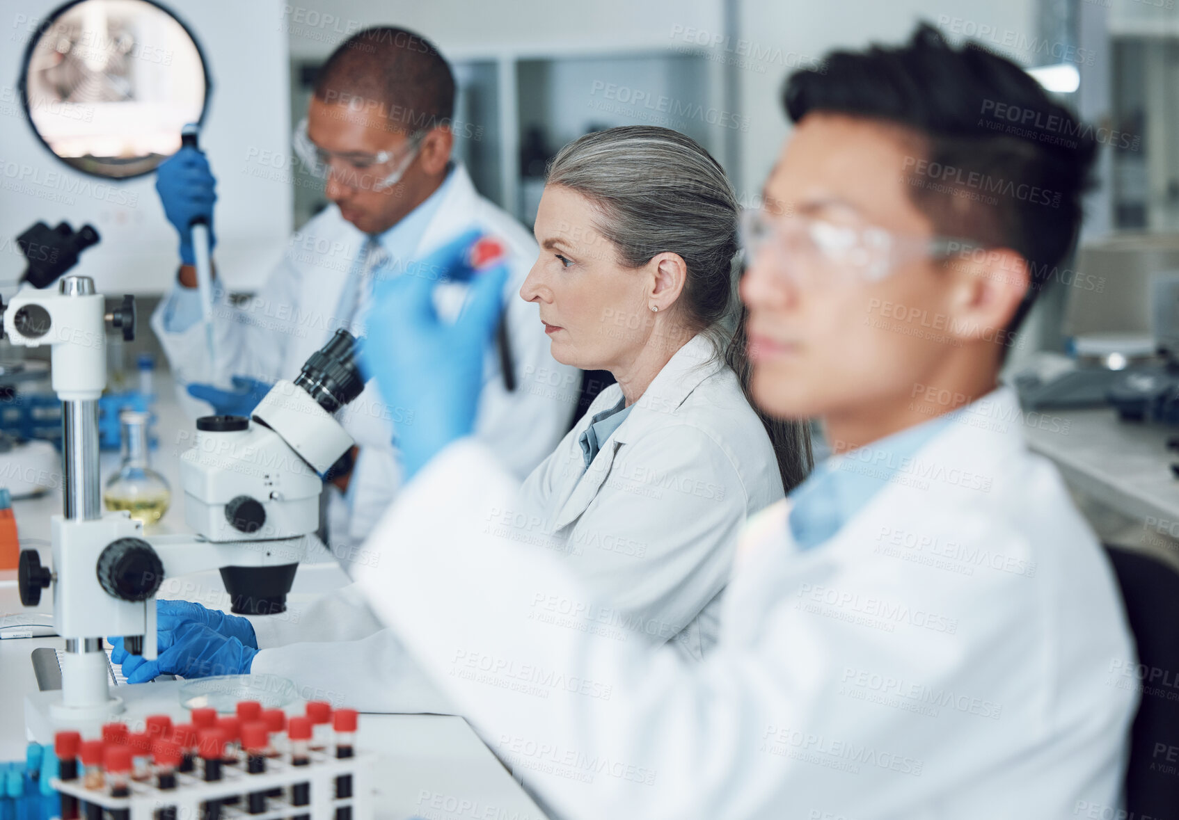 Buy stock photo Exam, blood sample and scientist with research in a laboratory for medical analysis or innovation. Science, medicine development or researcher studying or working on test of DNA or virus in vial tube