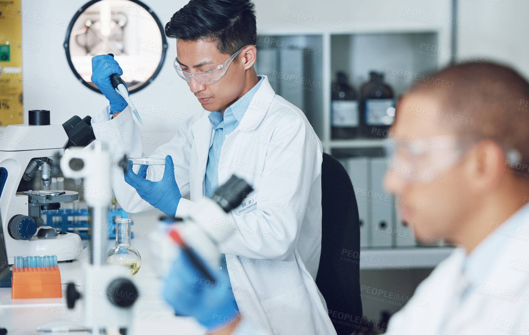 Buy stock photo Science laboratory, pipette and scientist people working on healthcare research, medical investigation or pharmaceutical. Lab sample, DNA analysis and team work on hospital experiment, test or exam