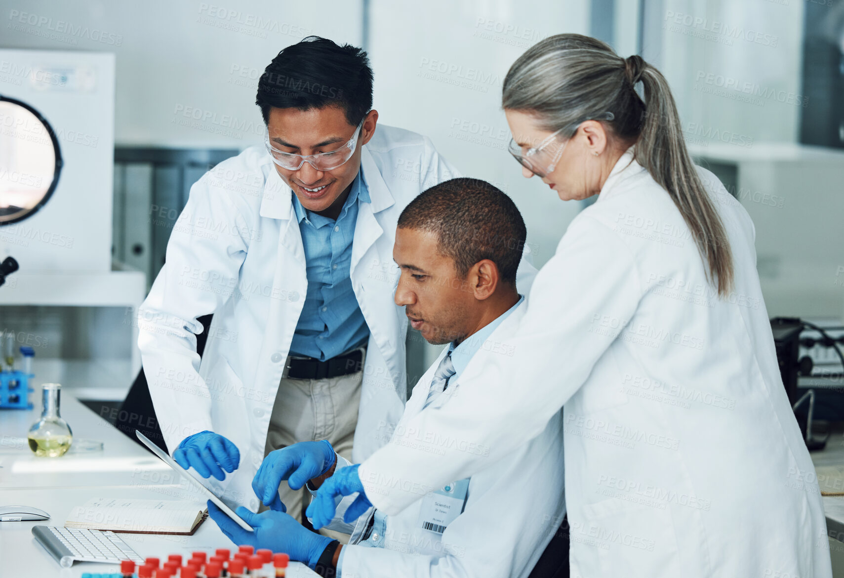 Buy stock photo People, tablet and collaboration in science laboratory for medical research, medicine and teamwork development. Mature scientist, mentor and technology for DNA healthcare and genetic engineering help