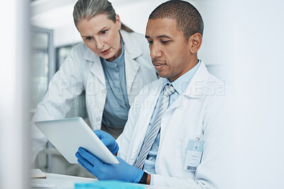 Buy stock photo Scientist woman, tablet or teamwork in science laboratory for medical research, medicine or collaboration development. Mature mentor, man and technology for DNA healthcare help in genetic engineering