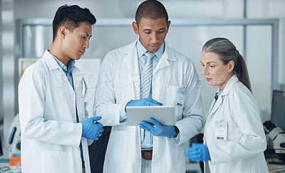 Buy stock photo People, digital tablet and collaboration in science laboratory for medical research, medicine and teamwork training. Mature scientist, mentor or technology for healthcare and genetic engineering help