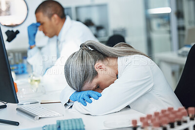 Buy stock photo Science, sleeping woman and lab scientist with burnout, mental health anxiety or depression, medical crisis or fatigue. Laboratory, exhausted and person tired after mistake, overtime work or tension