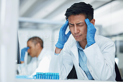 Buy stock photo Science, headache and lab scientist, man or expert with bad pain problem, mental health anxiety or depression crisis. Laboratory fatigue, tired and sad person stress over mistake, risk or migraine