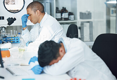 Buy stock photo Science, sleeping man and lab scientist burnout, mental health anxiety or depressed over crisis, fatigue or test fail. Laboratory, pain and person tired after research, overworked or overwhelmed