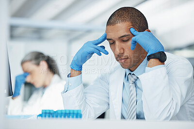 Buy stock photo Burnout, headache and lab scientist, man or expert with healthcare problem, depression or frustrated with error. Science laboratory, tired and person stress over mistake, medical risk or migraine