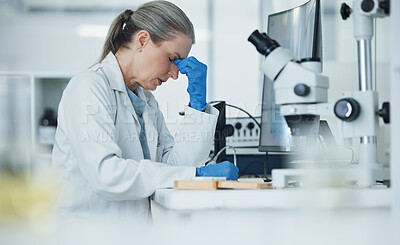 Buy stock photo Senior woman, headache and stress from science research and work for medical analysis. Scientist, anxiety and laboratory expert with covid and healthcare fail for virus monitoring and clinic problem