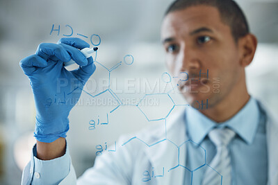 Buy stock photo Scientist man, thinking and writing on glass, formula and study for chemical compound, engineer or idea. Science, research and brainstorming at board, mathematics and molecules for development in lab