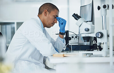 Buy stock photo Mental health, headache and lab scientist, man or expert with anxiety, depressed or frustrated with computer 404 error. Science, research fail and person stress over mistake, medical risk or migraine