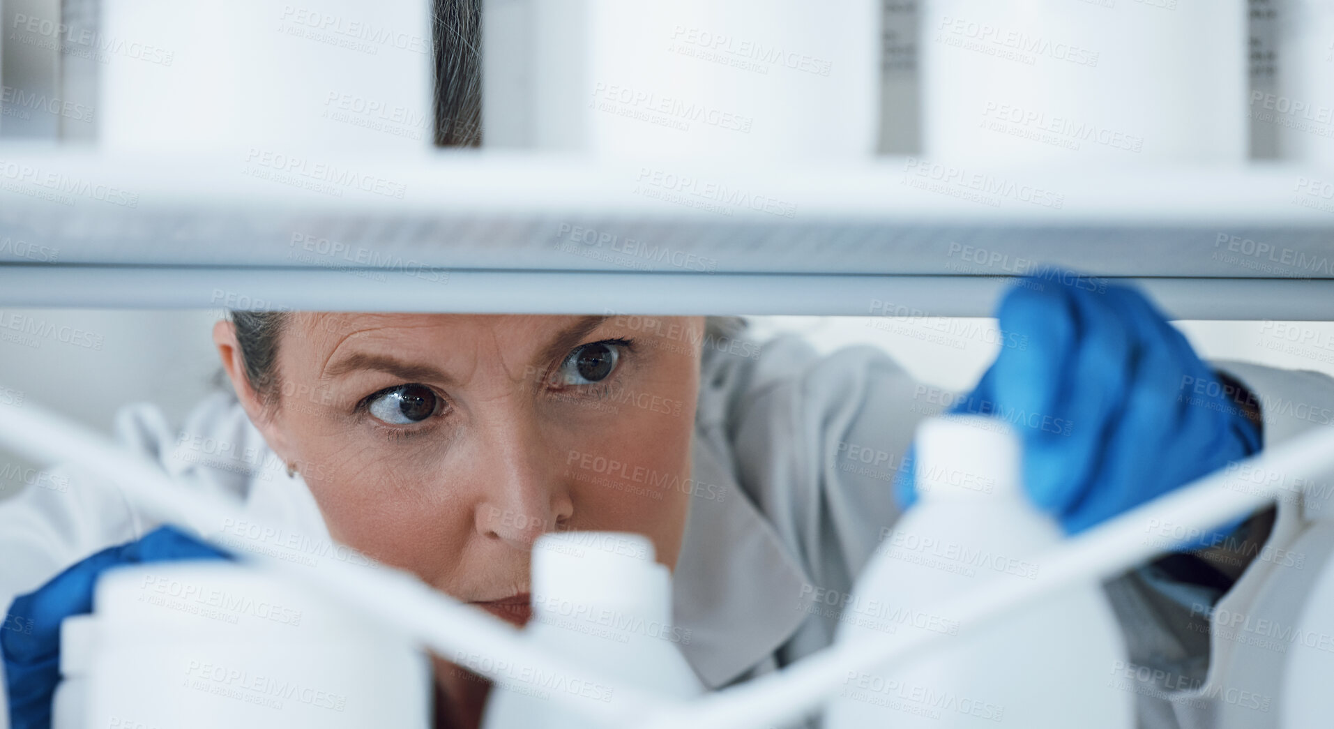 Buy stock photo Laboratory, research and woman with bottles on a shelf, check information, medical and science. Healthcare, medicine and researcher with innovation in manufacturing of vaccine, chemical and inventory