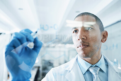 Buy stock photo Solution, science and writing with man in laboratory for medical, research and planning. Analysis, healthcare and medicine with scientist and brainstorming for chemistry, pharmacy and vaccine