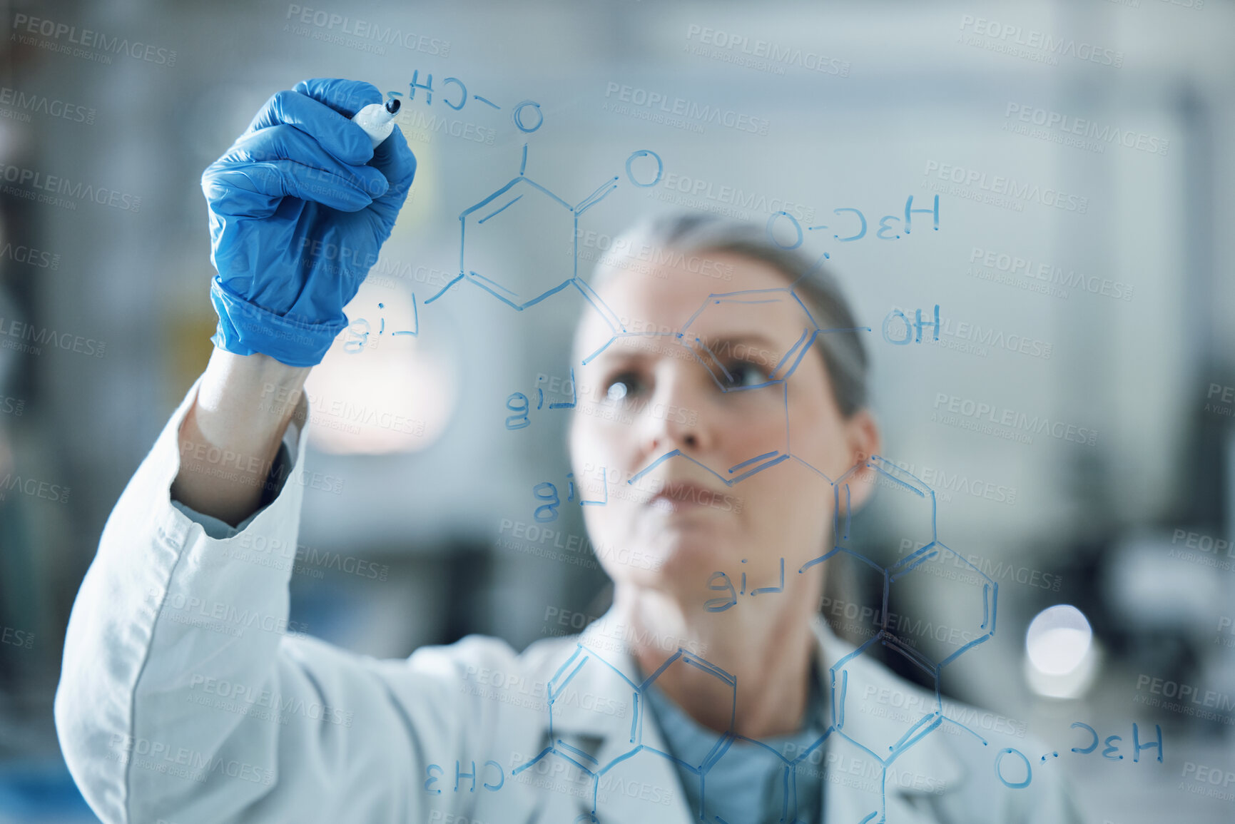 Buy stock photo Research, solution and writing with woman in laboratory for medical, analysis and planning. Pharmacy, healthcare and medicine with scientist and brainstorming for chemistry, science and vaccine