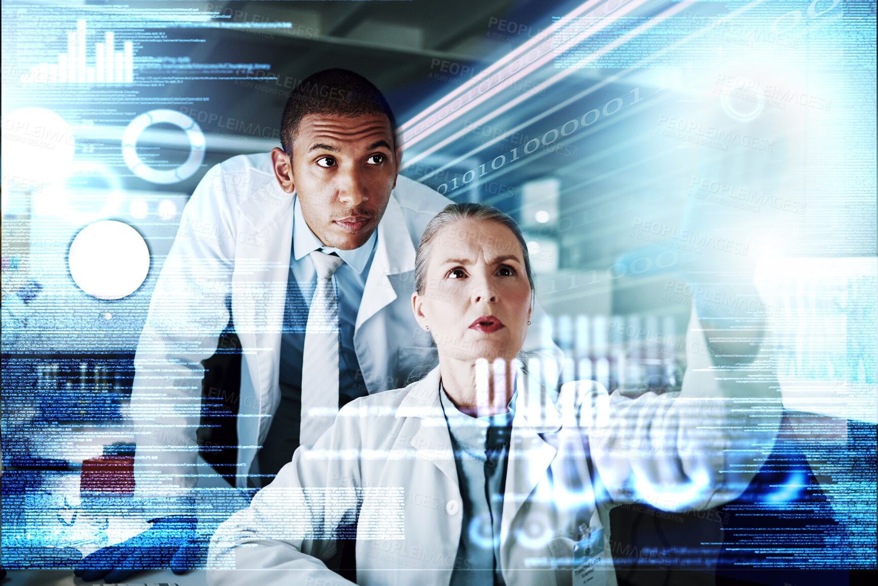 Buy stock photo Medical science, man and woman in overlay of data hologram, information and brainstorming innovation. Scientist, future technology and dashboard on holographic info, study results or problem solving.