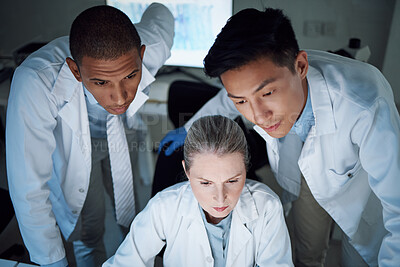 Buy stock photo Scientist group, thinking together and analysis in laboratory, night and teamwork for innovation, diversity and overtime. Men, leader and woman in science team, brainstorming and ideas in dark lab