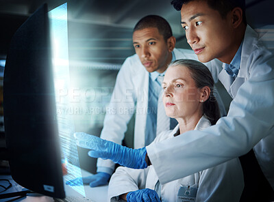Buy stock photo Science, future technology and medical research team at computer with hologram, information and innovation. Scientist, men and woman with holographic info, results or data on screen for collaboration