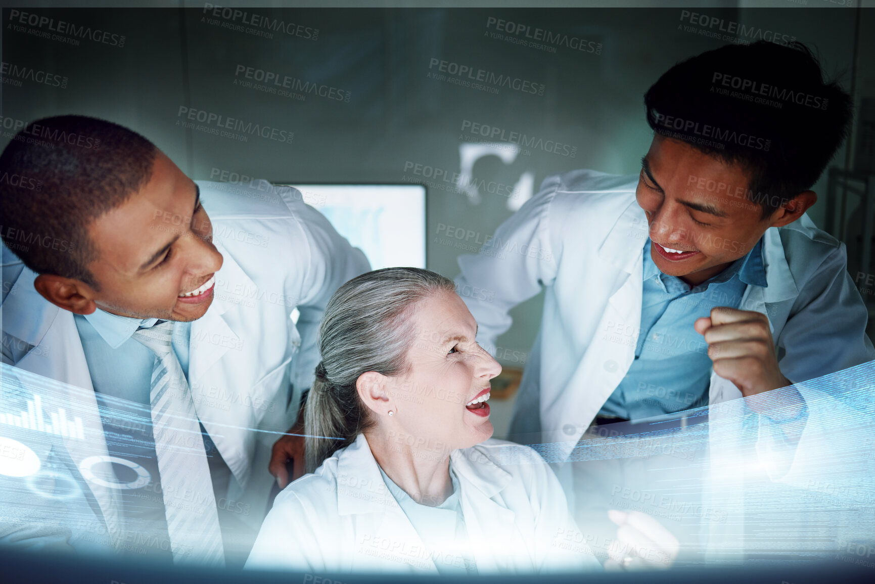 Buy stock photo Science, winning and medical research, team success at computer with hologram, information and target goals. Scientist, men and woman in celebration with holographic info, results or data achievement