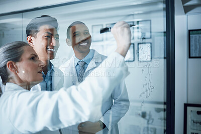 Buy stock photo Teamwork, science and writing with people in laboratory for medical, research and planning. Pharmacy, healthcare and medicine with scientist and brainstorming for chemistry, solution and vaccine