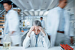 Headache, laboratory scientist or frustrated woman overwhelmed with busy lab, anxiety or depression crisis. Pain, motion blur or senior person stress over science mistake, healthcare risk or migraine