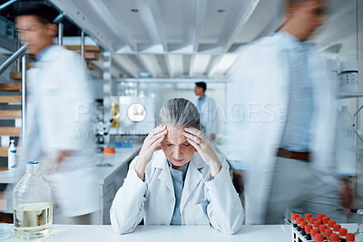 Buy stock photo Headache, laboratory scientist or frustrated woman overwhelmed with busy lab, anxiety or depression crisis. Pain, motion blur or senior person stress over science mistake, healthcare risk or migraine