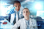 Science, future technology and medical research with team at overlay computer hologram, information and data. Scientist, man and woman with holographic info, study results or dashboard for analysis.