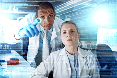 Buy stock photo Science, future technology and medical research with team at overlay computer hologram, information and data. Scientist, man and woman with holographic info, study results or dashboard for analysis.
