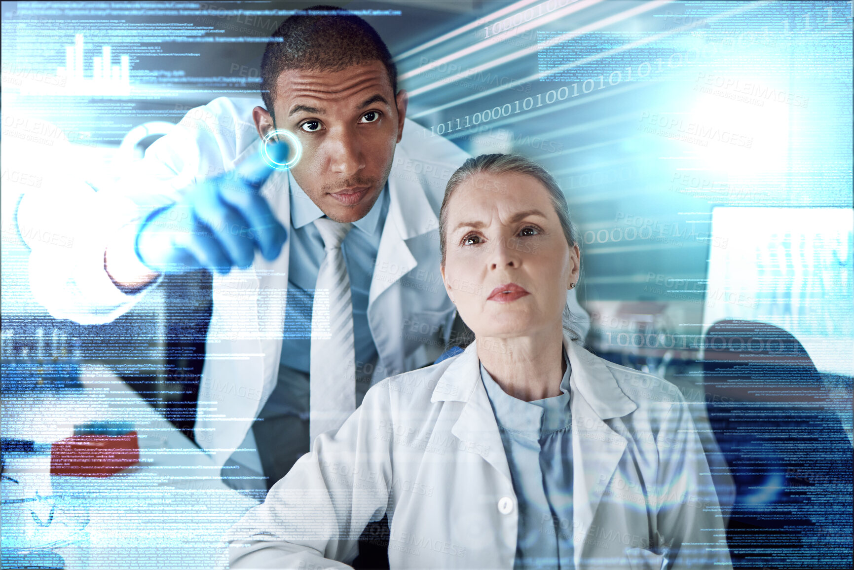 Buy stock photo Science, future technology and medical research with team at overlay computer hologram, information and data. Scientist, man and woman with holographic info, study results or dashboard for analysis.