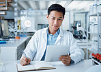 Person, tablet and notebook writing in laboratory for medical virus research, science and medicine development. Asian scientist, technology and notebook paper for blood sample healthcare or wellness