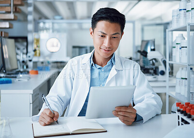 Buy stock photo Person, tablet and notebook writing in laboratory for medical virus research, science and medicine development. Asian scientist, technology and book paper for blood sample healthcare or wellness