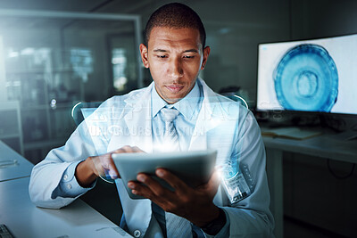 Buy stock photo Tablet, hologram and scientist work with digital innovation, data and 3d overlay in laboratory. African man, doctor and information technology for futuristic medical research with pharma healthcare 