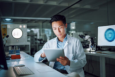 Buy stock photo Tablet, planning and scientist with digital innovation, data and reading in laboratory. Asian man, doctor and information technology for futuristic medical research with pharma healthcare study