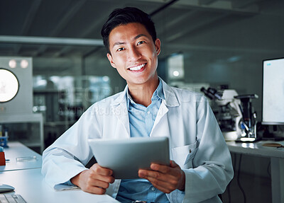 Buy stock photo Tablet, portrait and scientist with digital innovation, data and smile in laboratory. Asian man, doctor and information technology for futuristic medical research with online pharma healthcare study