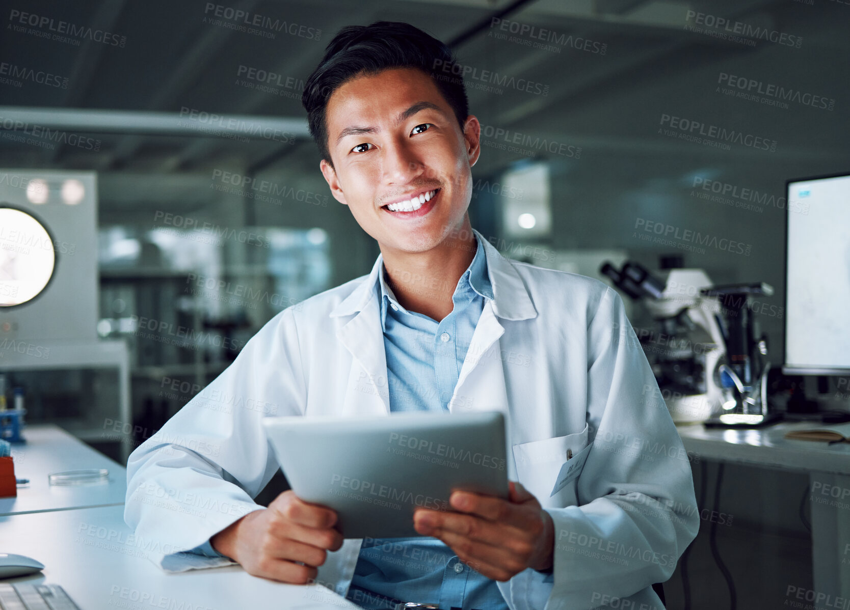 Buy stock photo Tablet, portrait and scientist with digital innovation, data and smile in laboratory. Asian man, doctor and information technology for futuristic medical research with online pharma healthcare study