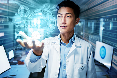 Buy stock photo Scientist, future technology and medical research overlay with hologram, virus information and innovation. Science, thinking and Asian man with holographic data, study results and problem solving.