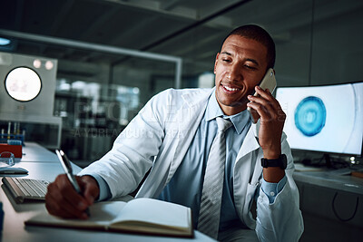 Buy stock photo Doctor, phone call and notes in a laboratory of a man with conversation and science research. Healthcare, professional and innovation communication with paperwork and documents of scientist worker