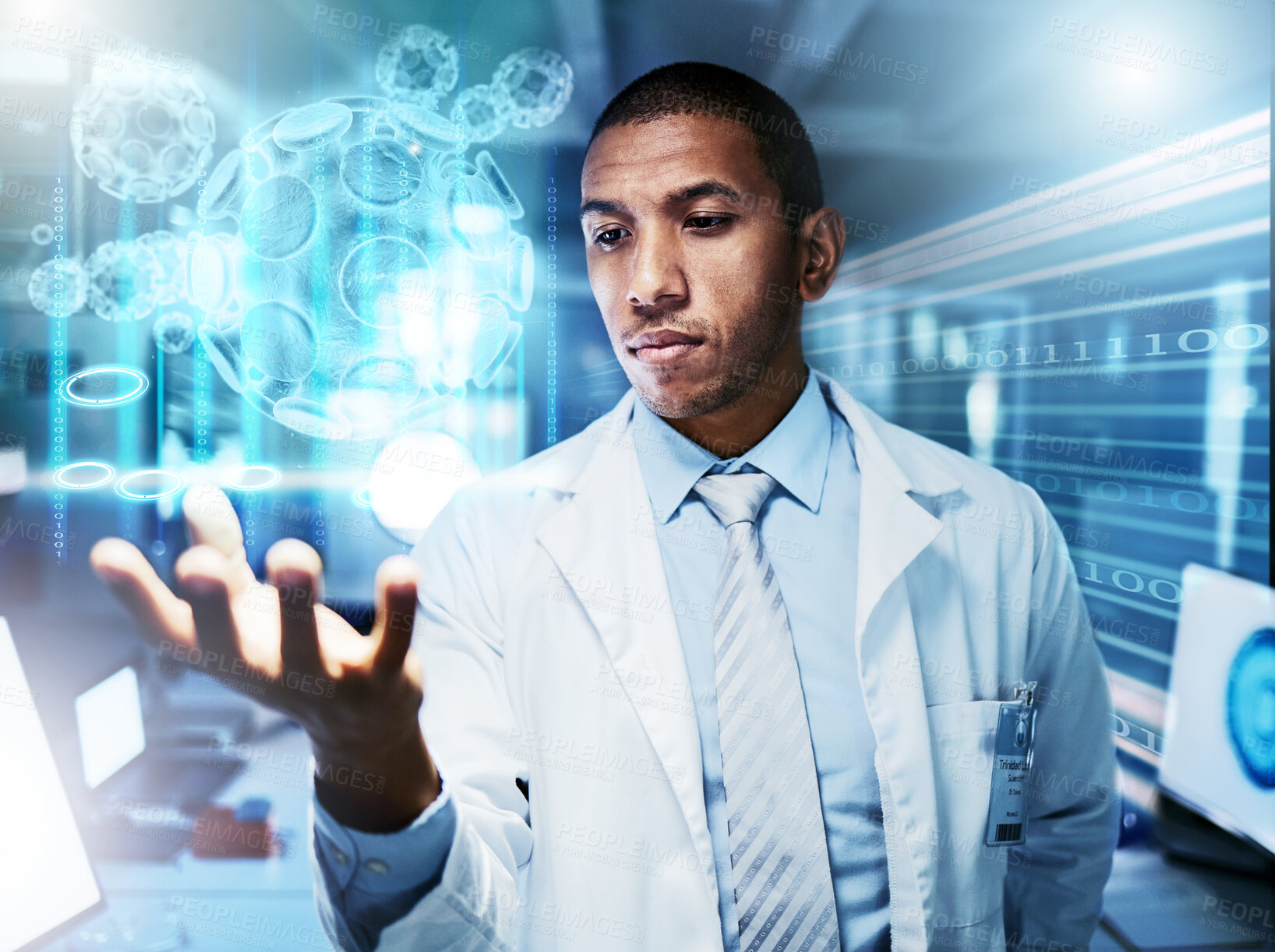 Buy stock photo Man, future technology and medical research overlay with hologram, virus information and innovation. Science, thinking and scientist with holographic data, study results and problem solving in lab.