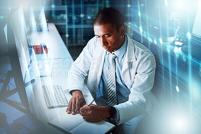 Buy stock photo Science, technology and man in research overlay in hologram, futuristic information and innovation. Scientist, thinking and writing notes on holographic data, medical study results or problem solving