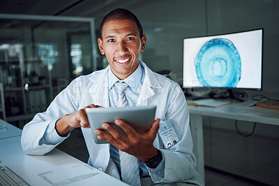 Buy stock photo Tablet, report and scientist portrait with digital innovation, data and online in laboratory. African man, doctor and information technology for futuristic medical research with pharma healthcare