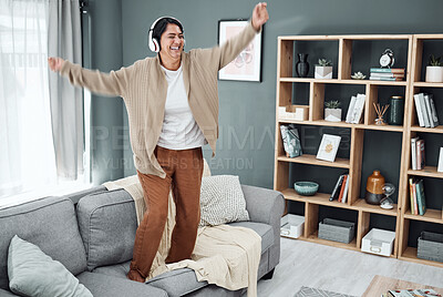 Buy stock photo Headphones, senior or happy woman dancing to music or streaming to relax with freedom at home. Retirement, smile or excited mature person listening to a radio song or audio on an online subscription