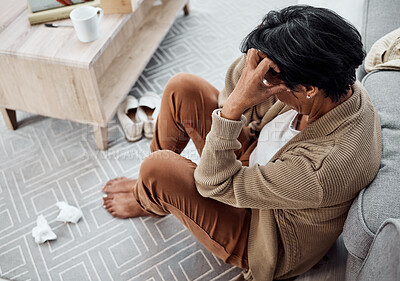 Buy stock photo Stress, divorce or sad woman with depression, anxiety or mental health problem in house living room. Worry, cry or tired person thinking of broken heart, loss or stress from emotional grief at home