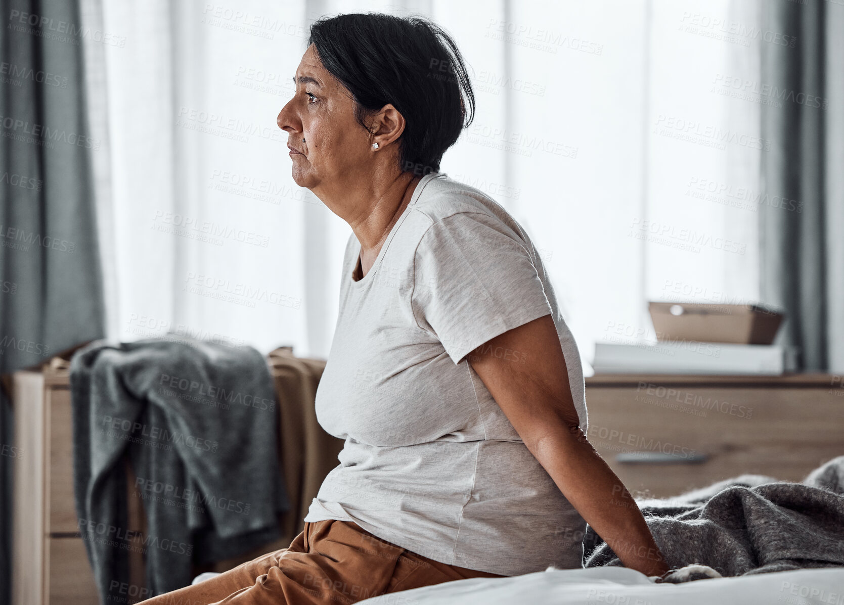 Buy stock photo Senior woman, depression and mental health, sad with psychology and stress, thinking about life crisis with grief. Female person at home, depressed with fatigue and burnout, retirement and pain