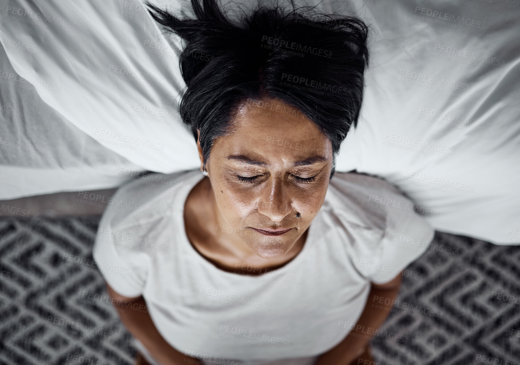 Buy stock photo Old woman, depression and mental health, life crisis and psychology with grief and loss, sad and tired at home. Top view of female person, depressed with fatigue and burnout, retirement and pain