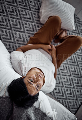 Buy stock photo Old woman, depression and mental health, sad and tired with psychology, stress and life crisis with grief at home. Top view of female person, thinking about a problem, burnout and retirement or pain